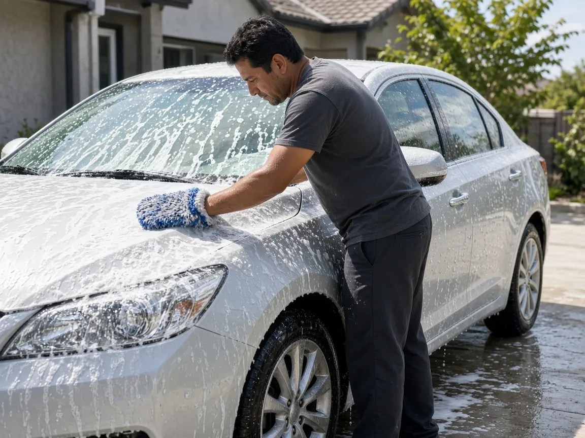 A light-colored sedan being hand-washed with foam in a driveway.