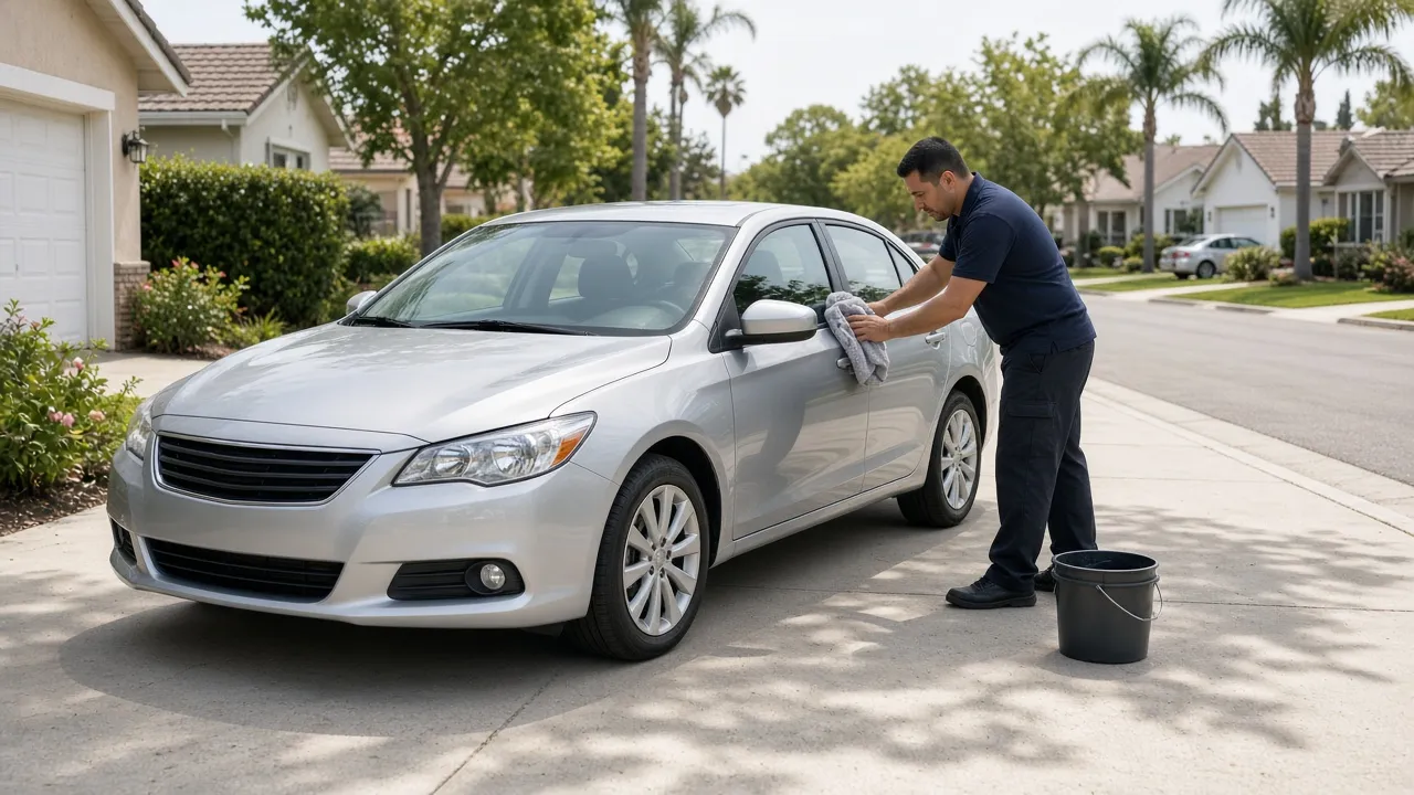 A detailer hand-drying a silver sedan parked in a suburban driveway.