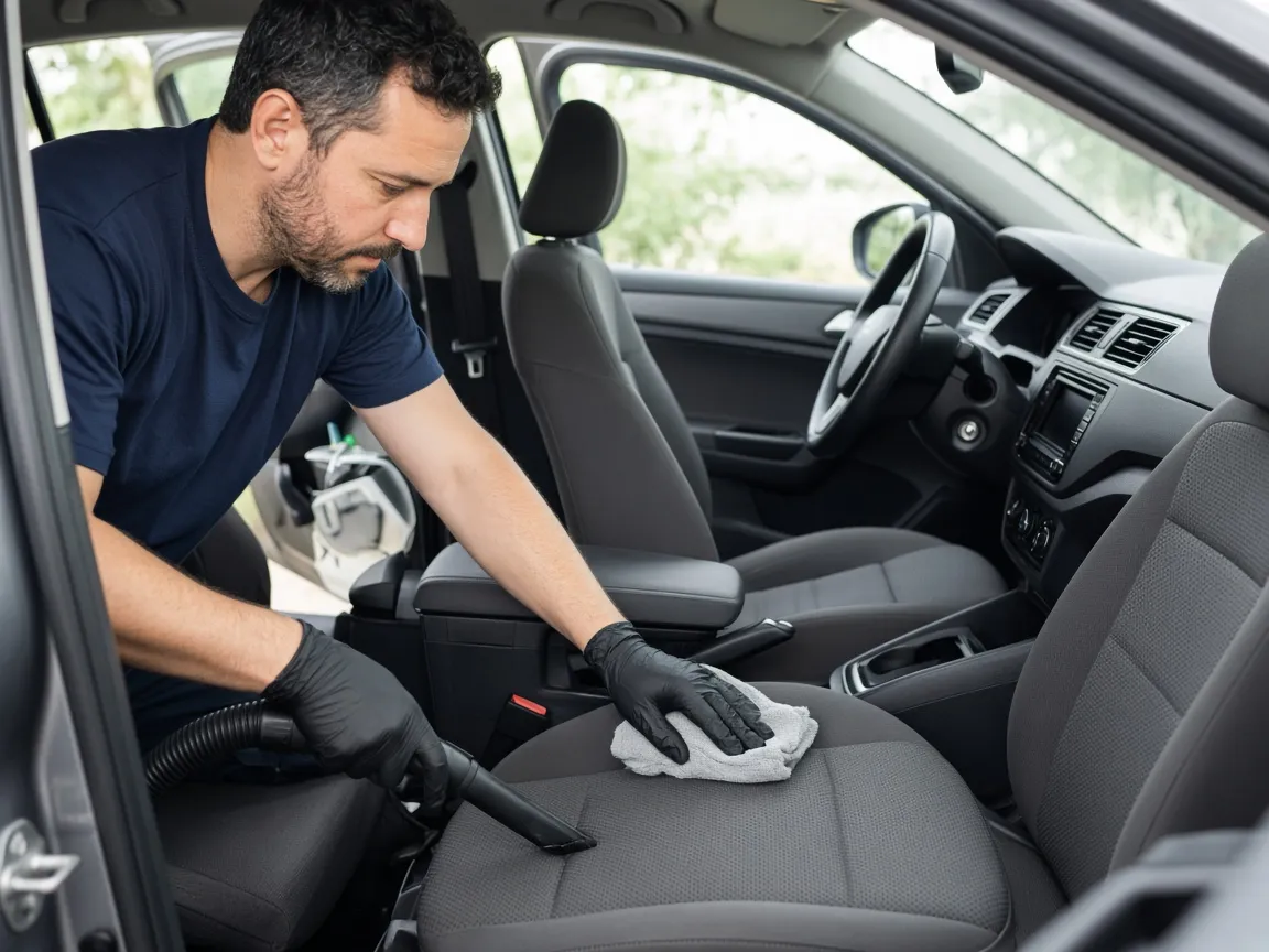 A detailer vacuuming passenger-car seats and wiping interior panels with a microfiber cloth.