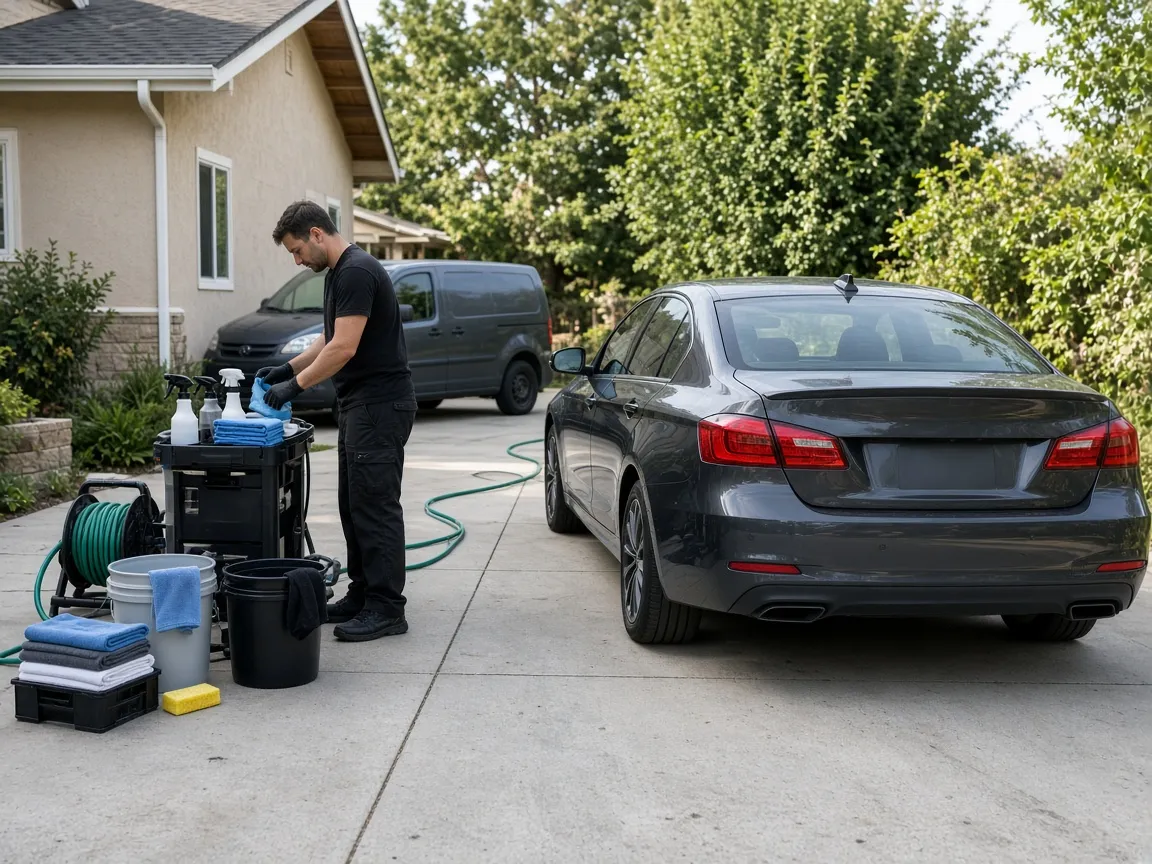 Mobile auto detailing equipment placed beside a passenger vehicle in a driveway.