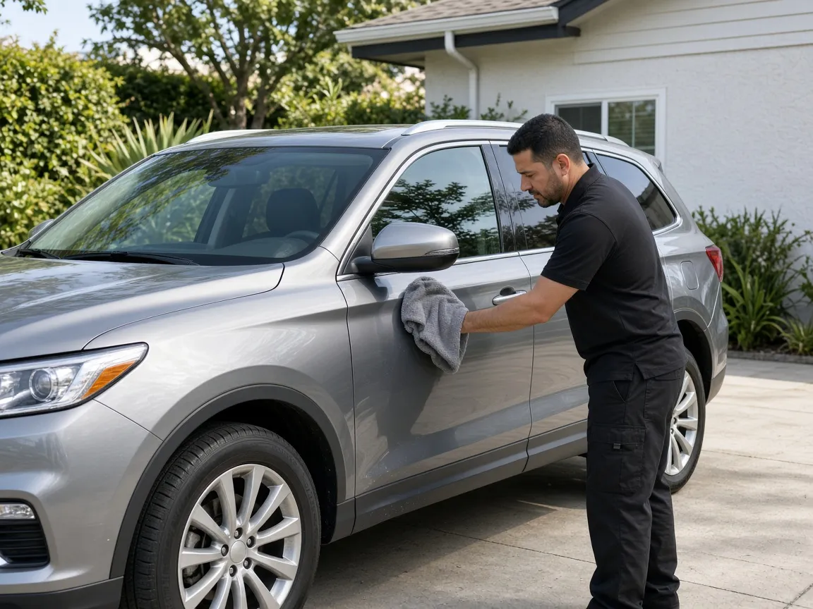 A silver SUV being dried with a microfiber towel during an outdoor detailing visit.